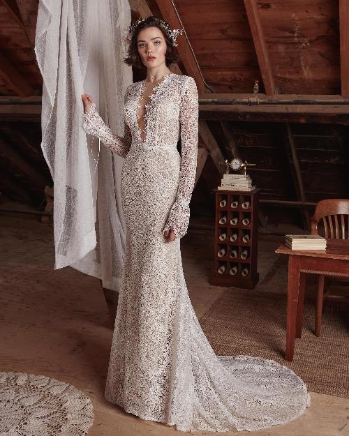 Lp2123 long sleeve lace boho wedding dress with v neck and sheath silhouette1